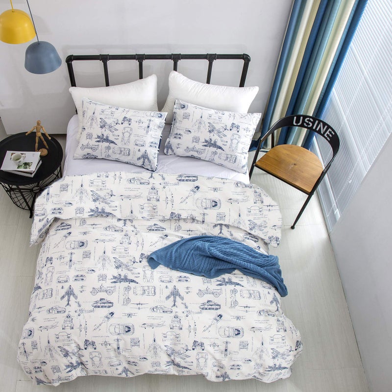 CLOTHKNOW Kids Twin Duvet Cover Sets 3Pcs Traffic Cartoon Bedding Duvet Covers Sets Cars Aircraft Tank Vehicles Duvet Cover with 2 x Pillow Cases - Image 4